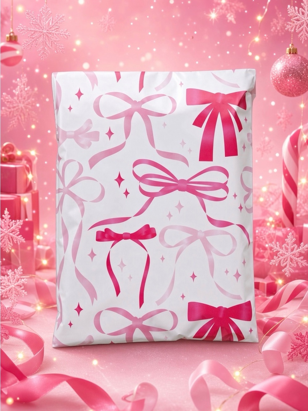 (10) 10x13 Christmas Pink Bows Poly Mailers